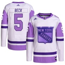 New York Rangers Youth Barry Beck Adidas Authentic White/Purple Hockey Fights Cancer Primegreen Jersey