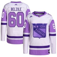 New York Rangers Youth Alex Belzile Adidas Authentic White/Purple Hockey Fights Cancer Primegreen Jersey