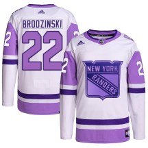 New York Rangers Youth Jonny Brodzinski Adidas Authentic White/Purple Hockey Fights Cancer Primegreen Jersey