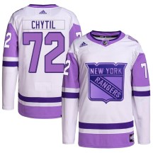 New York Rangers Youth Filip Chytil Adidas Authentic White/Purple Hockey Fights Cancer Primegreen Jersey