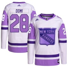 New York Rangers Youth Tie Domi Adidas Authentic White/Purple Hockey Fights Cancer Primegreen Jersey