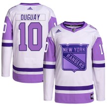 New York Rangers Youth Ron Duguay Adidas Authentic White/Purple Hockey Fights Cancer Primegreen Jersey