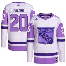 New York Rangers Youth Jan Erixon Adidas Authentic White/Purple Hockey Fights Cancer Primegreen Jersey