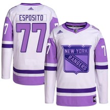 New York Rangers Youth Phil Esposito Adidas Authentic White/Purple Hockey Fights Cancer Primegreen Jersey