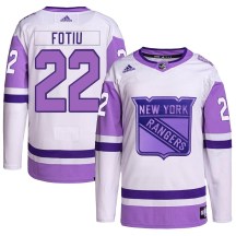 New York Rangers Youth Nick Fotiu Adidas Authentic White/Purple Hockey Fights Cancer Primegreen Jersey
