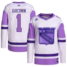 New York Rangers Youth Eddie Giacomin Adidas Authentic White/Purple Hockey Fights Cancer Primegreen Jersey