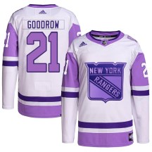 New York Rangers Youth Barclay Goodrow Adidas Authentic White/Purple Hockey Fights Cancer Primegreen Jersey