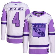 New York Rangers Youth Ron Greschner Adidas Authentic White/Purple Hockey Fights Cancer Primegreen Jersey