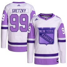 New York Rangers Youth Wayne Gretzky Adidas Authentic White/Purple Hockey Fights Cancer Primegreen Jersey