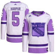 New York Rangers Youth Ben Harpur Adidas Authentic White/Purple Hockey Fights Cancer Primegreen Jersey