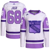 New York Rangers Youth Jaromir Jagr Adidas Authentic White/Purple Hockey Fights Cancer Primegreen Jersey