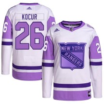 New York Rangers Youth Joe Kocur Adidas Authentic White/Purple Hockey Fights Cancer Primegreen Jersey