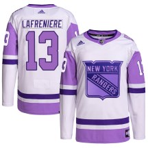 New York Rangers Youth Alexis Lafreniere Adidas Authentic White/Purple Hockey Fights Cancer Primegreen Jersey