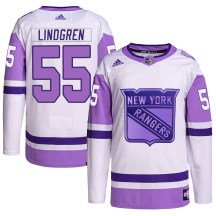 New York Rangers Youth Ryan Lindgren Adidas Authentic White/Purple Hockey Fights Cancer Primegreen Jersey