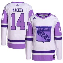 New York Rangers Youth Connor Mackey Adidas Authentic White/Purple Hockey Fights Cancer Primegreen Jersey