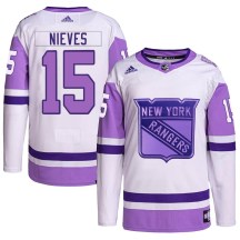 New York Rangers Youth Boo Nieves Adidas Authentic White/Purple Hockey Fights Cancer Primegreen Jersey