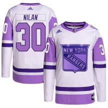 New York Rangers Youth Chris Nilan Adidas Authentic White/Purple Hockey Fights Cancer Primegreen Jersey