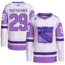 New York Rangers Youth Reijo Ruotsalainen Adidas Authentic White/Purple Hockey Fights Cancer Primegreen Jersey