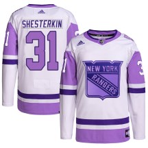 New York Rangers Youth Igor Shesterkin Adidas Authentic White/Purple Hockey Fights Cancer Primegreen Jersey