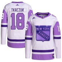 New York Rangers Youth Walt Tkaczuk Adidas Authentic White/Purple Hockey Fights Cancer Primegreen Jersey