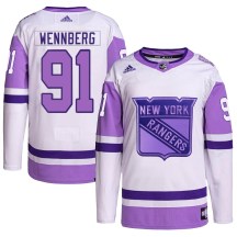 New York Rangers Youth Alex Wennberg Adidas Authentic White/Purple Hockey Fights Cancer Primegreen Jersey