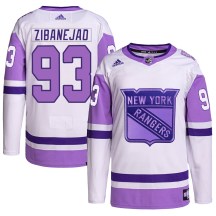 New York Rangers Youth Mika Zibanejad Adidas Authentic White/Purple Hockey Fights Cancer Primegreen Jersey