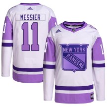 New York Rangers Men's Mark Messier Adidas Authentic White/Purple Hockey Fights Cancer Primegreen Jersey