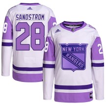 New York Rangers Men's Tomas Sandstrom Adidas Authentic White/Purple Hockey Fights Cancer Primegreen Jersey