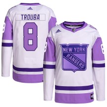 New York Rangers Men's Jacob Trouba Adidas Authentic White/Purple Hockey Fights Cancer Primegreen Jersey