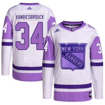 New York Rangers Men's John Vanbiesbrouck Adidas Authentic White/Purple Hockey Fights Cancer Primegreen Jersey