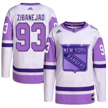 New York Rangers Men's Mika Zibanejad Adidas Authentic White/Purple Hockey Fights Cancer Primegreen Jersey