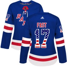 New York Rangers Women's Jesper Fast Adidas Authentic Royal Blue USA Flag Fashion Jersey
