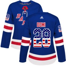 New York Rangers Women's Tie Domi Adidas Authentic Royal Blue USA Flag Fashion Jersey